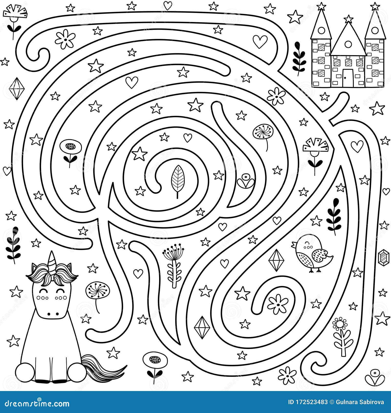 Labirinto preto e branco de conto de fadas para crianças com
