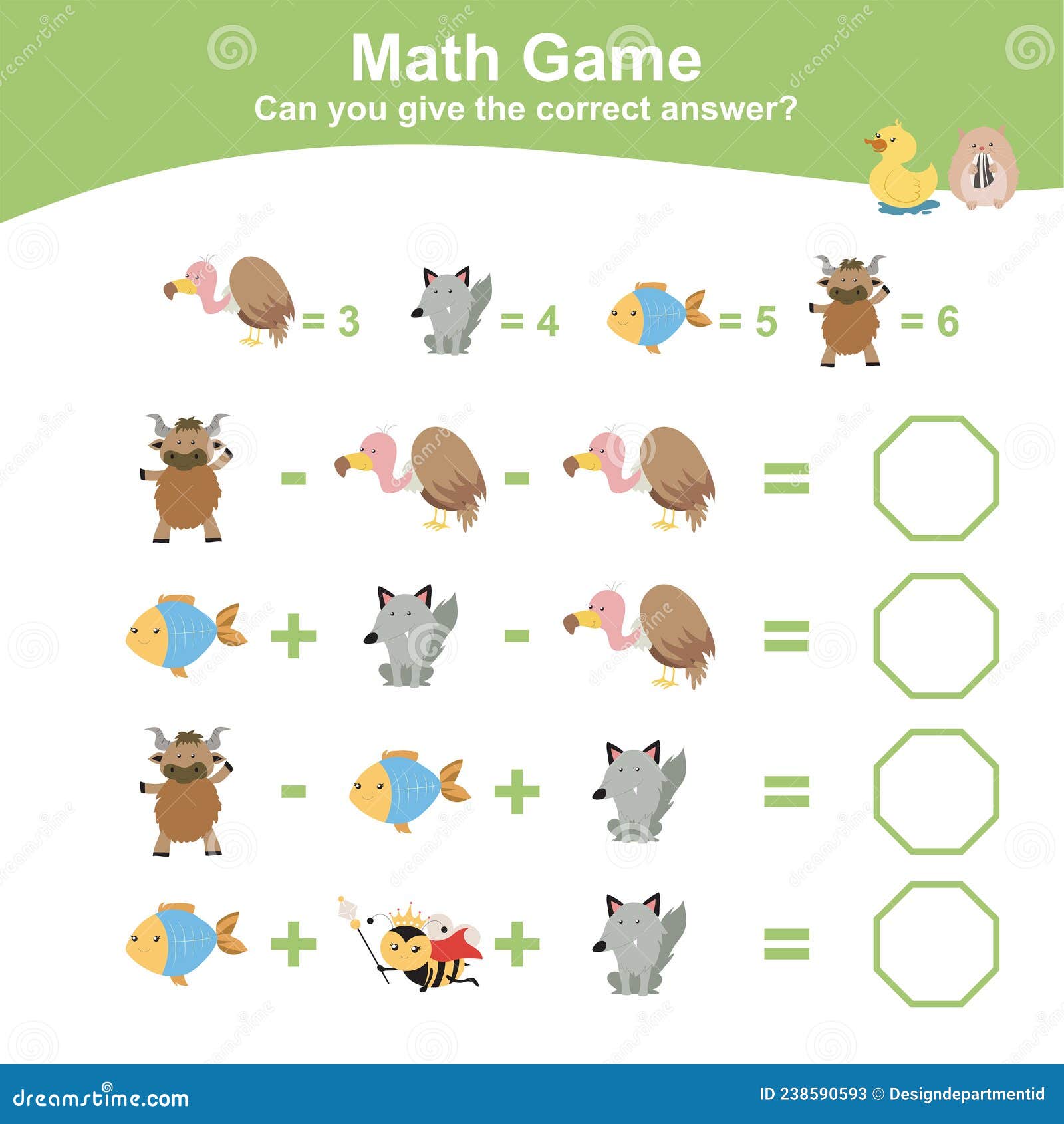 Quiz de planilha de jogo de matemática de animais de fazenda de