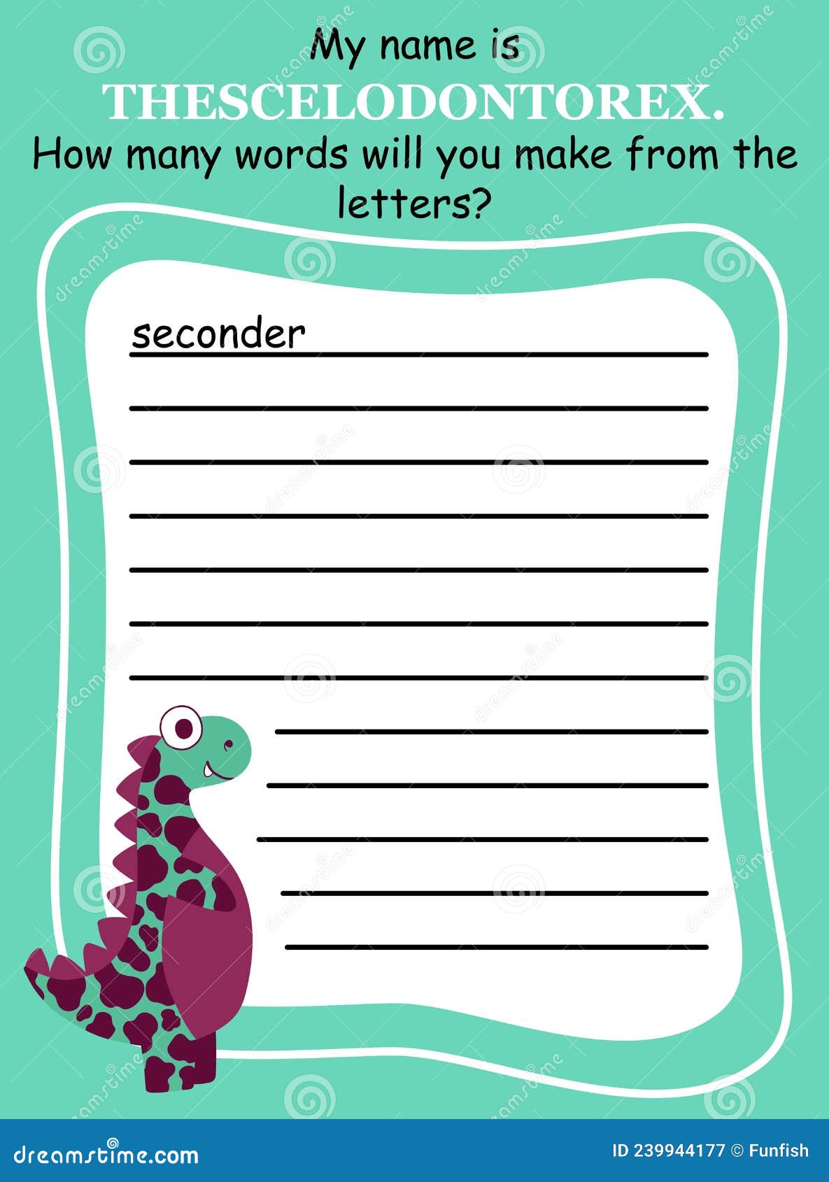 O jogo engraçado da educação para crianças encontra a letra faltante jogo  de palavras de ortografia com ilustração de dinossauro de palavras