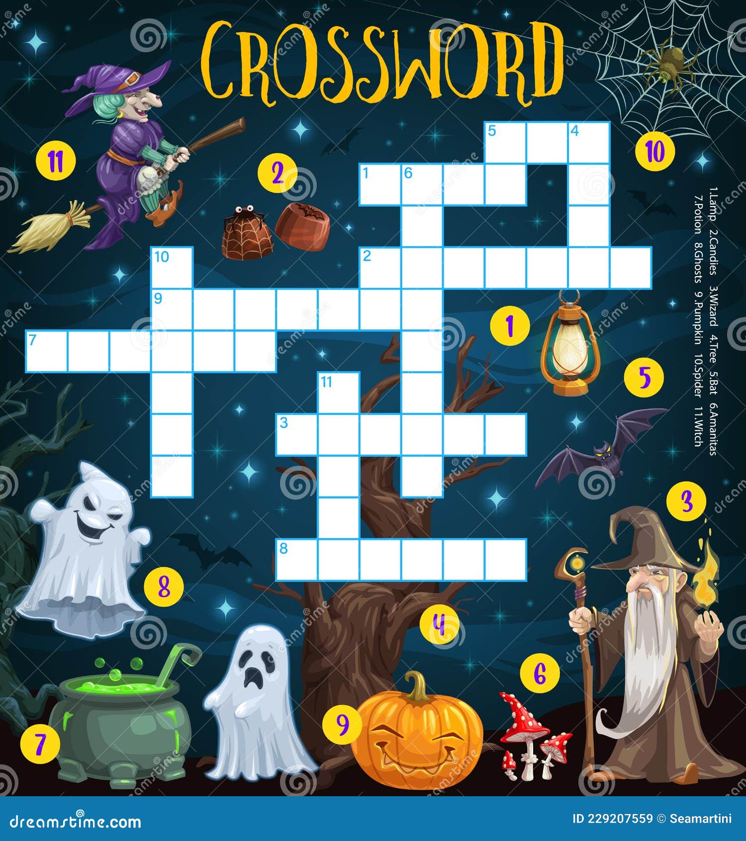 Página de atividades de palavras cruzadas de halloween em preto e branco  para crianças. jogo de quebra-cabeça com personagens assustadores