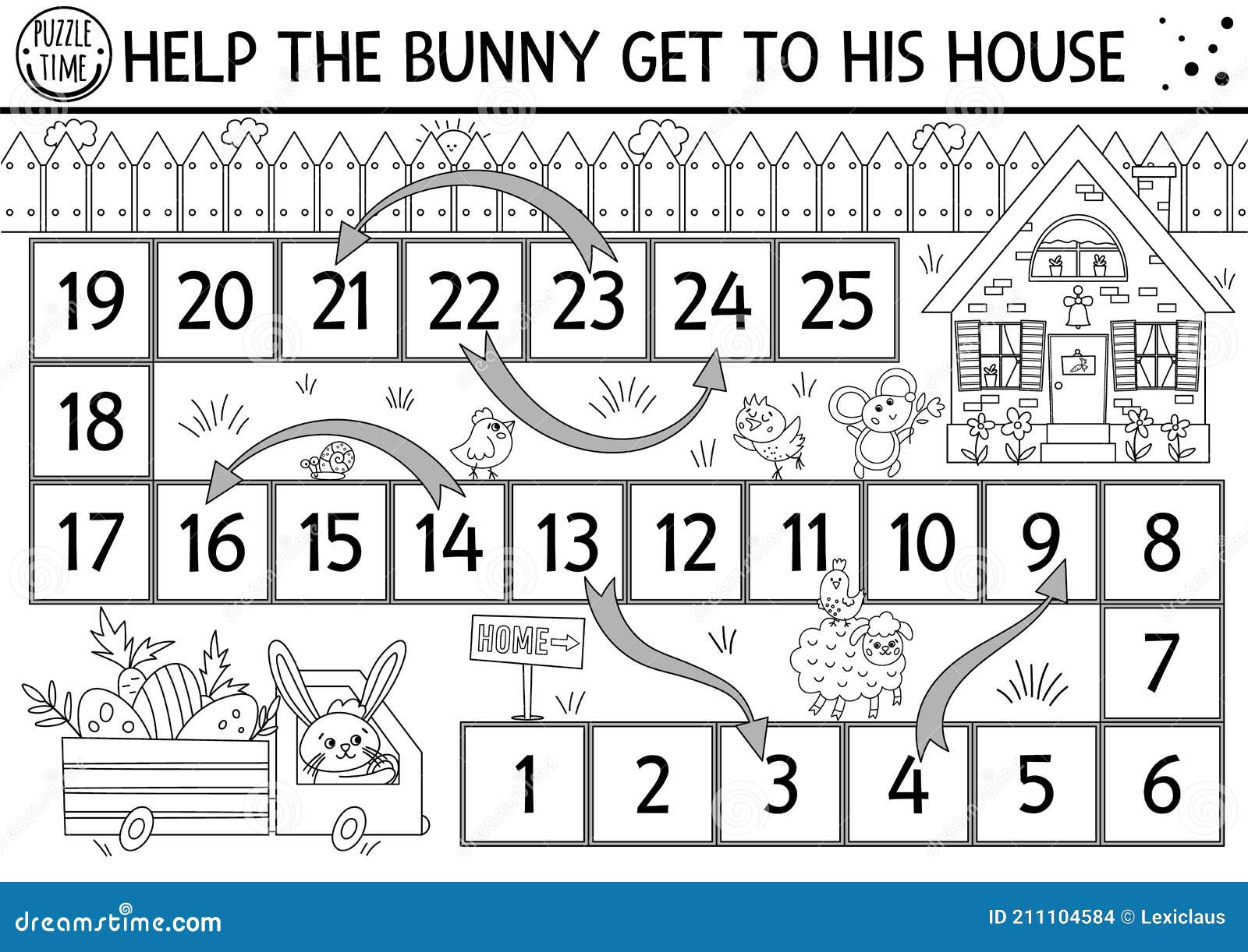 Jogo De Tabuleiro De Dados Preto E Branco Para Crianças Com Coelho Bonito  No Caminhão Com Ovos Dirigindo Para Sua Casa. Resumo Ilustração do Vetor -  Ilustração de contorno, estrada: 211104584