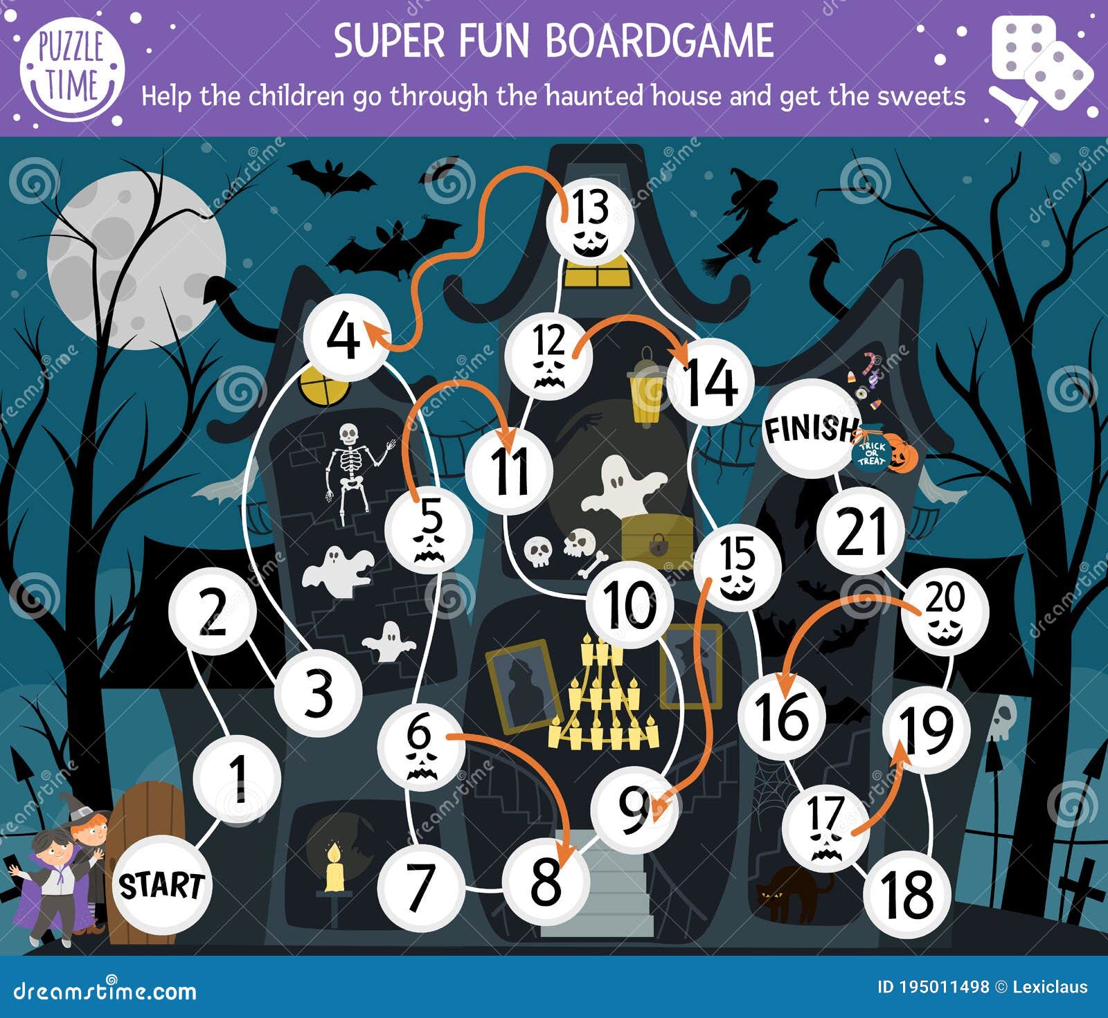 jogo de tabuleiro de halloween com castelo assustador e crianças