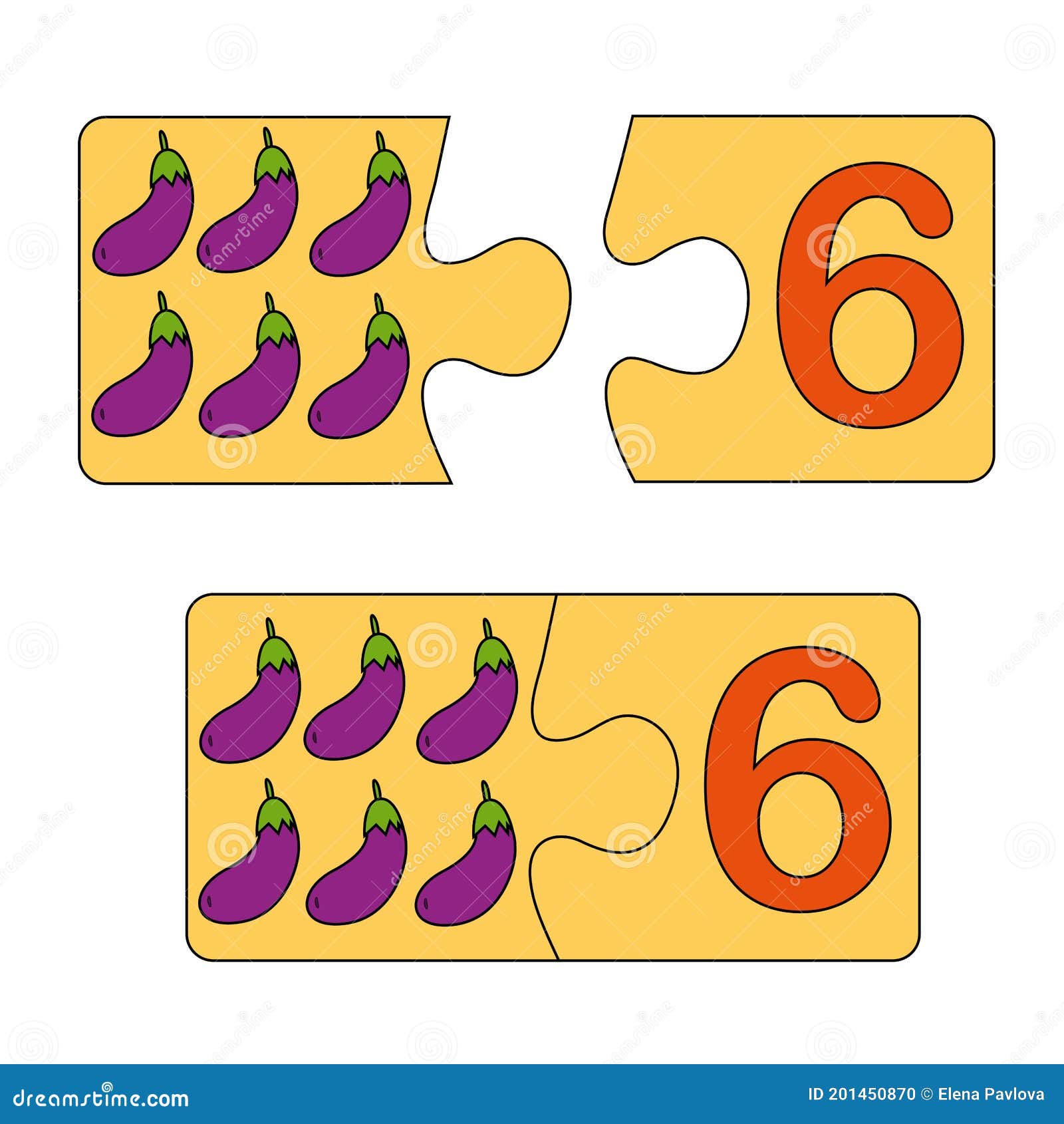 Jogo Educativo Para Crianças. Encontre a Imagem Certa Para O Número. Quebra- cabeça Com Número Seis E Berinjela. Jogo De Quebra-cab Ilustração do Vetor  - Ilustração de jogo, folha: 201450870