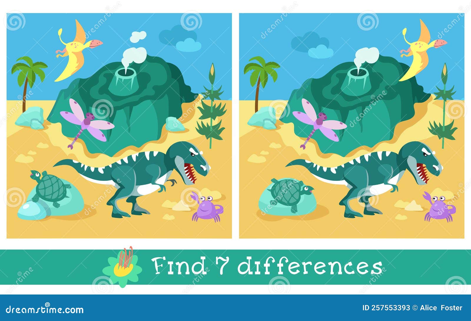 Jogo Educativo Para Crianças. Localizar 7 Diferenças. Ilha Com Vulcão E  Dinossauros. Animais Em Período Pré-histórico Ilustração do Vetor -  Ilustração de dino, ensino: 257553393