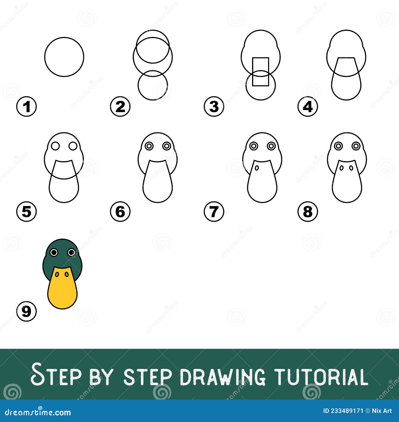 Tutorial de desenho para crianças. nível fácil. folhas de educação. como  desenhar pato