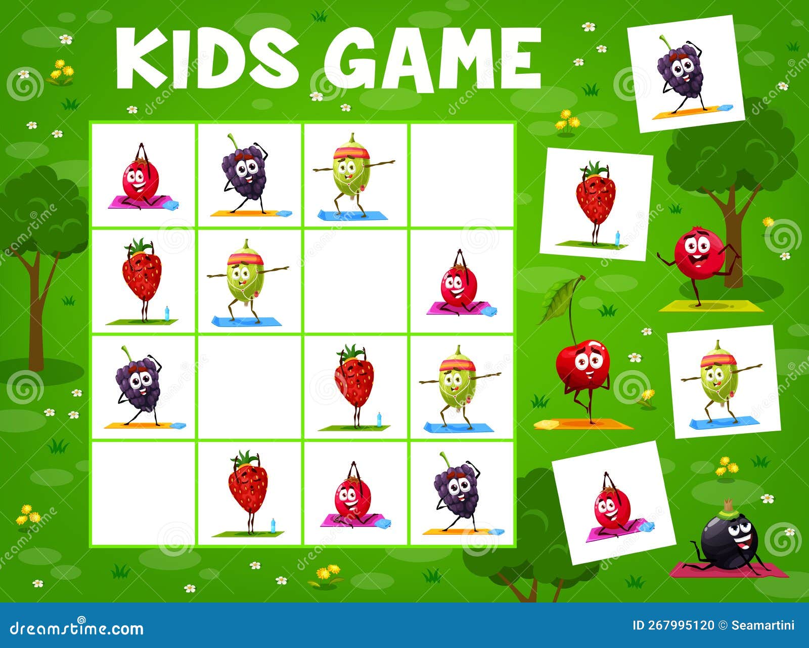 Jogo infantil sudoku, doces de desenho animado, personagens de