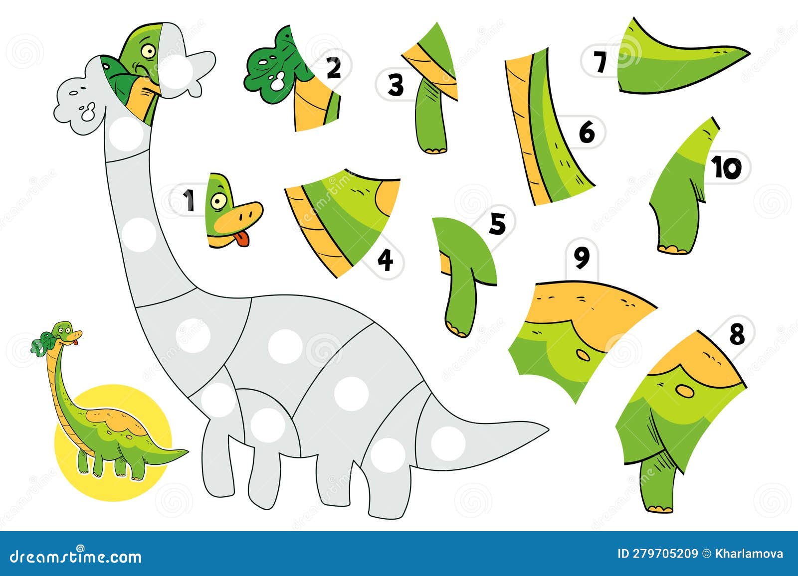 Jogo de quebra-cabeça com dinossauro. detalhes coloridos para crianças.  figura completa. jogo de educação para crianças.