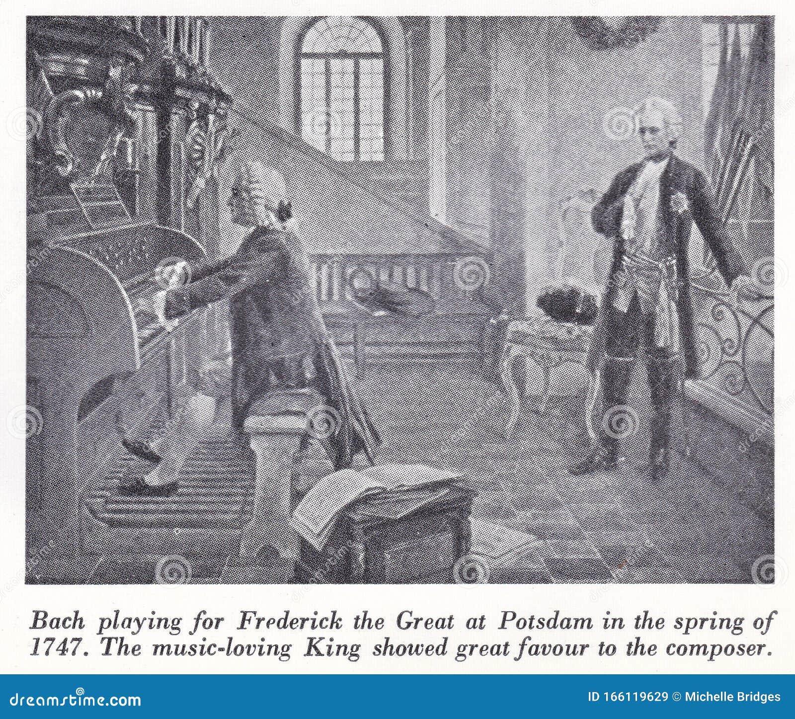 Johann Sebastian Bach Komponist, deutscher Komponist des 18. / 19. Jahrhunderts. The World of Music 1950s - Illustration / Zeichnung von 
Johann Sebastian Bach Komponist, deutscher Komponist und Musiker der Barockzeit des 18./19. Jahrhunderts Er ist bekannt für Instrumentalkompositionen wie die Kunst des Fugue, die Brandenburger Konzerte und die Goldberg Variationen, sowie für Gesangsmusik wie die St Matthew Passion und die Mass in B-Moll Musikgeschichte, Gesellschaftsgeschichte Bach spielt Klavier für Frederick the Great in Potsdam im Sprint von 1747