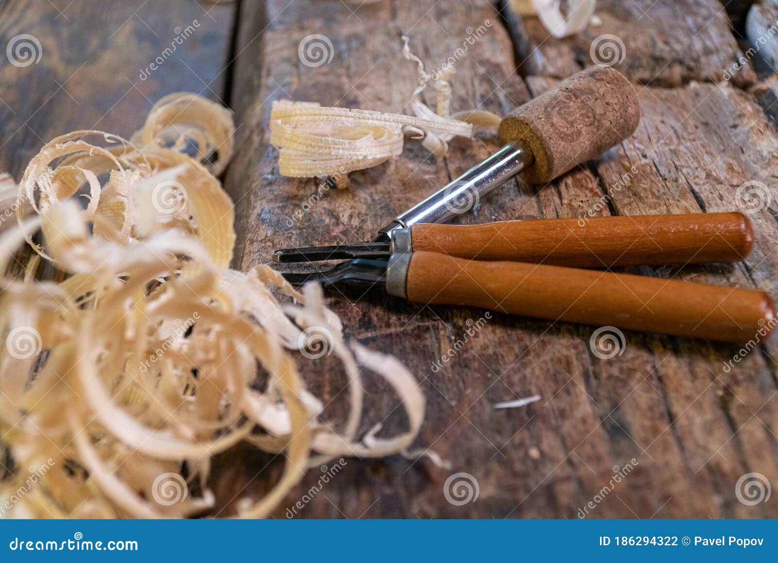 Joiner Tools on an Old Workbench. Traces of Wood Processing Stock Photo