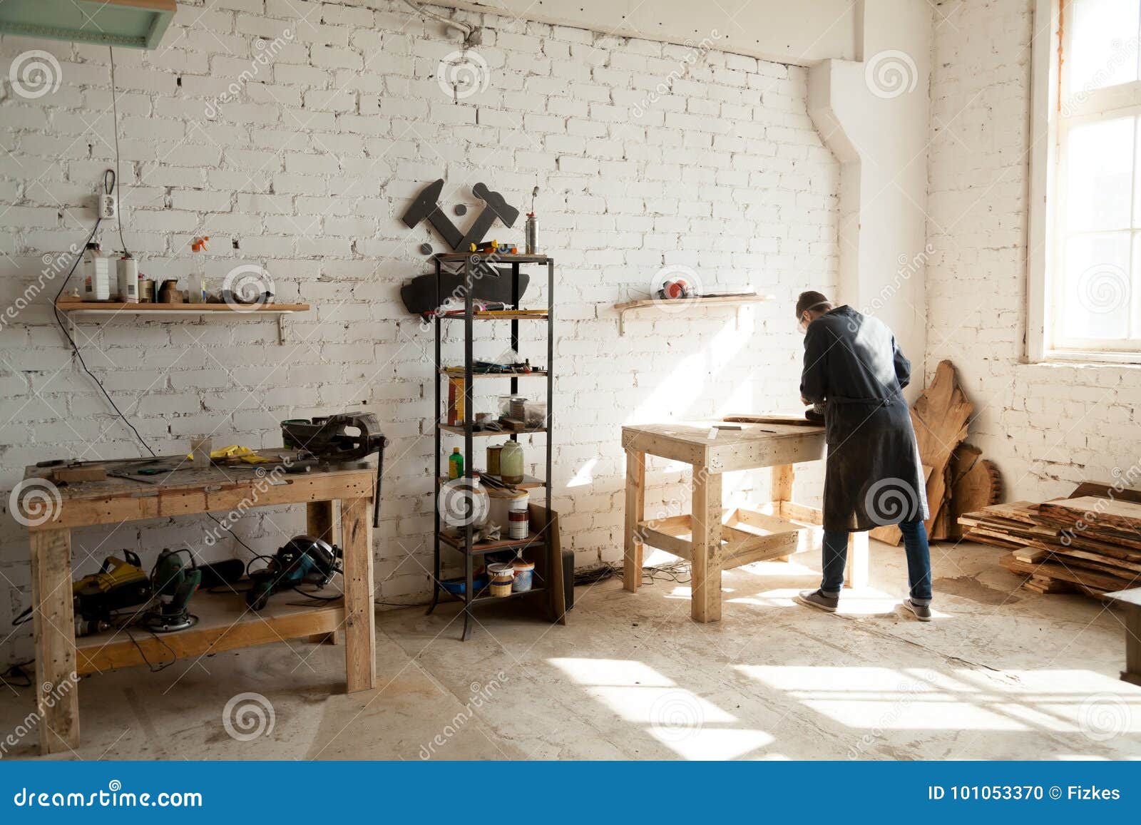 Joiner Working At Workbench In Small Carpentry Stock Photo Image