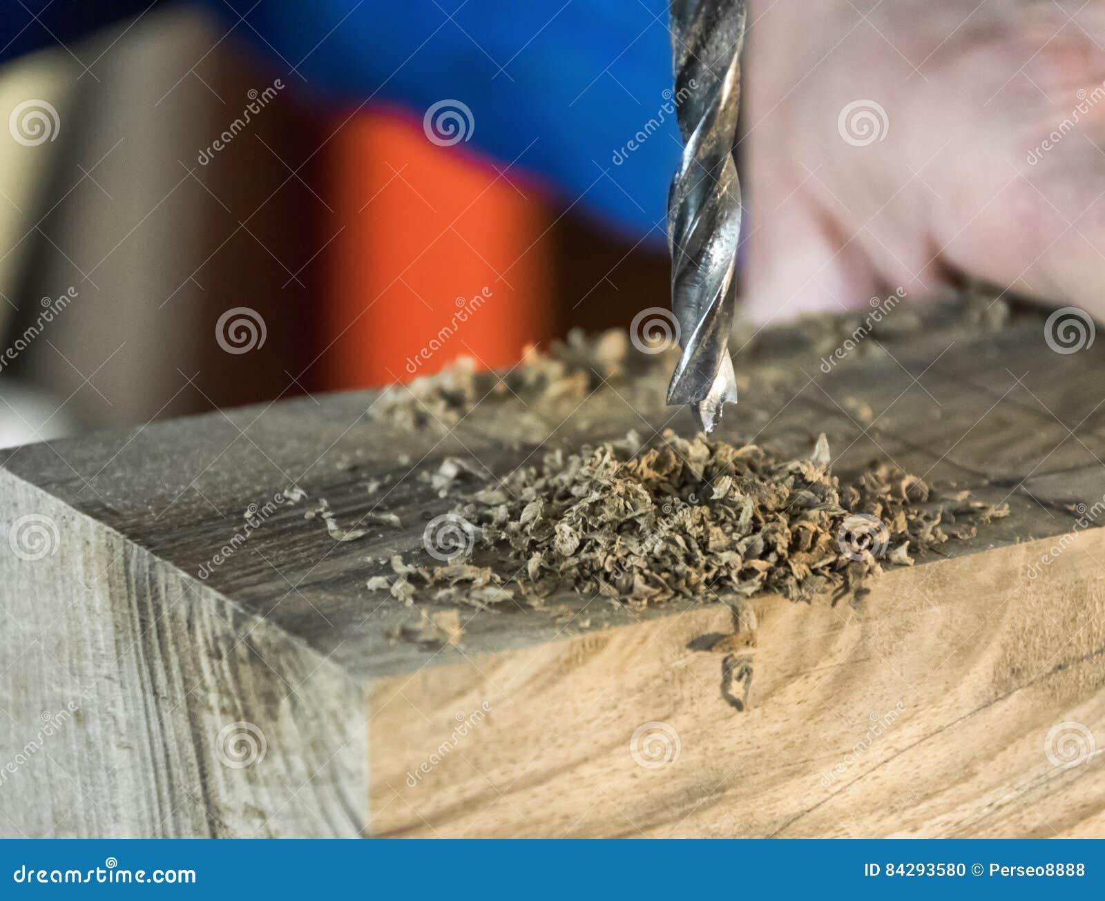 Joinery Drill Press on Wood Close Up. Stock Photo Image of