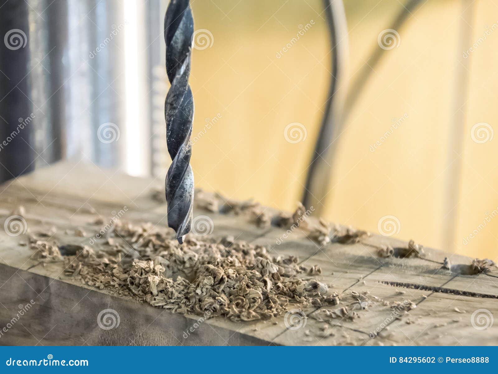 Joinery Drill Press on Wood Close Up. Stock Photo Image of industry