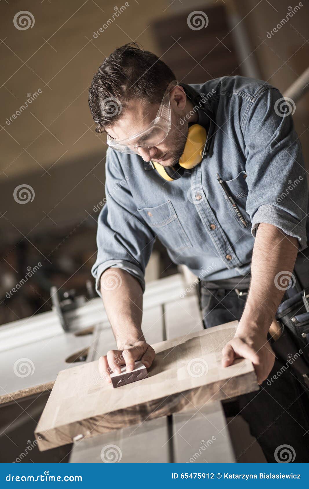 Joinery Man Polishing Up Wood Stock Photo Image of equipped, employee