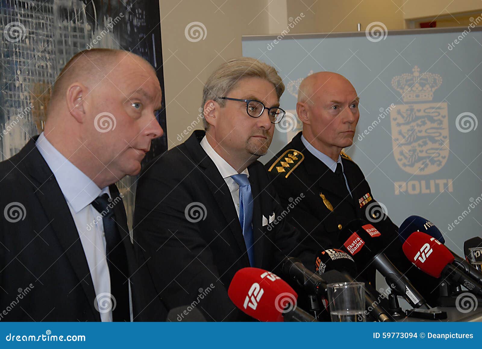 JOINT PRESS CONFERENCE REGARDING DNISH SECURITY. Copenhagen/Denmark/ 22th September 2015_ Danish Minister for justice Soren Pind in center on his left Jens Henrik Hojbjerg police comssioner for national police (Rigspolitichef) and on his right Finn Borch Andersen from PET acting boss for danish sepcial security police hold joint press conference regarding danish security and danish refugees situation in denmarks borders iat polce office