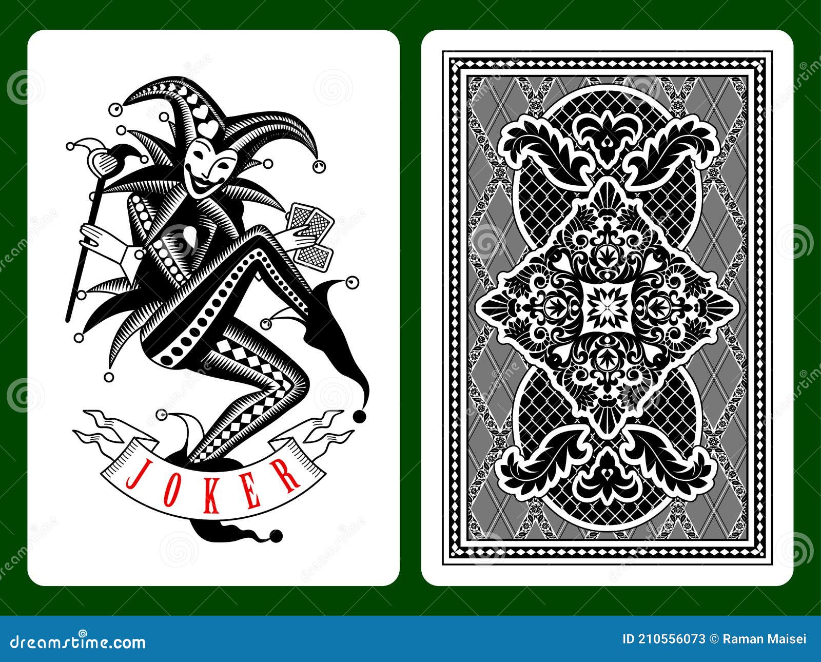 Joker With Playing Cards Farmed By Red Curtain Vector Illustration