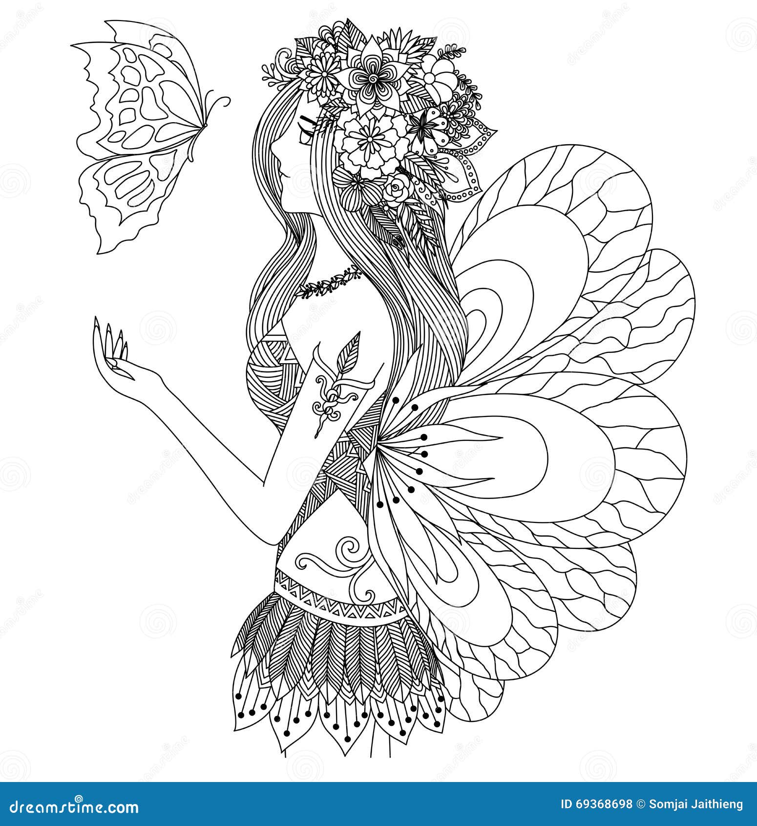 Jolie fille féerique regardant la conception de papillon de vol pour livre de coloriage pour l