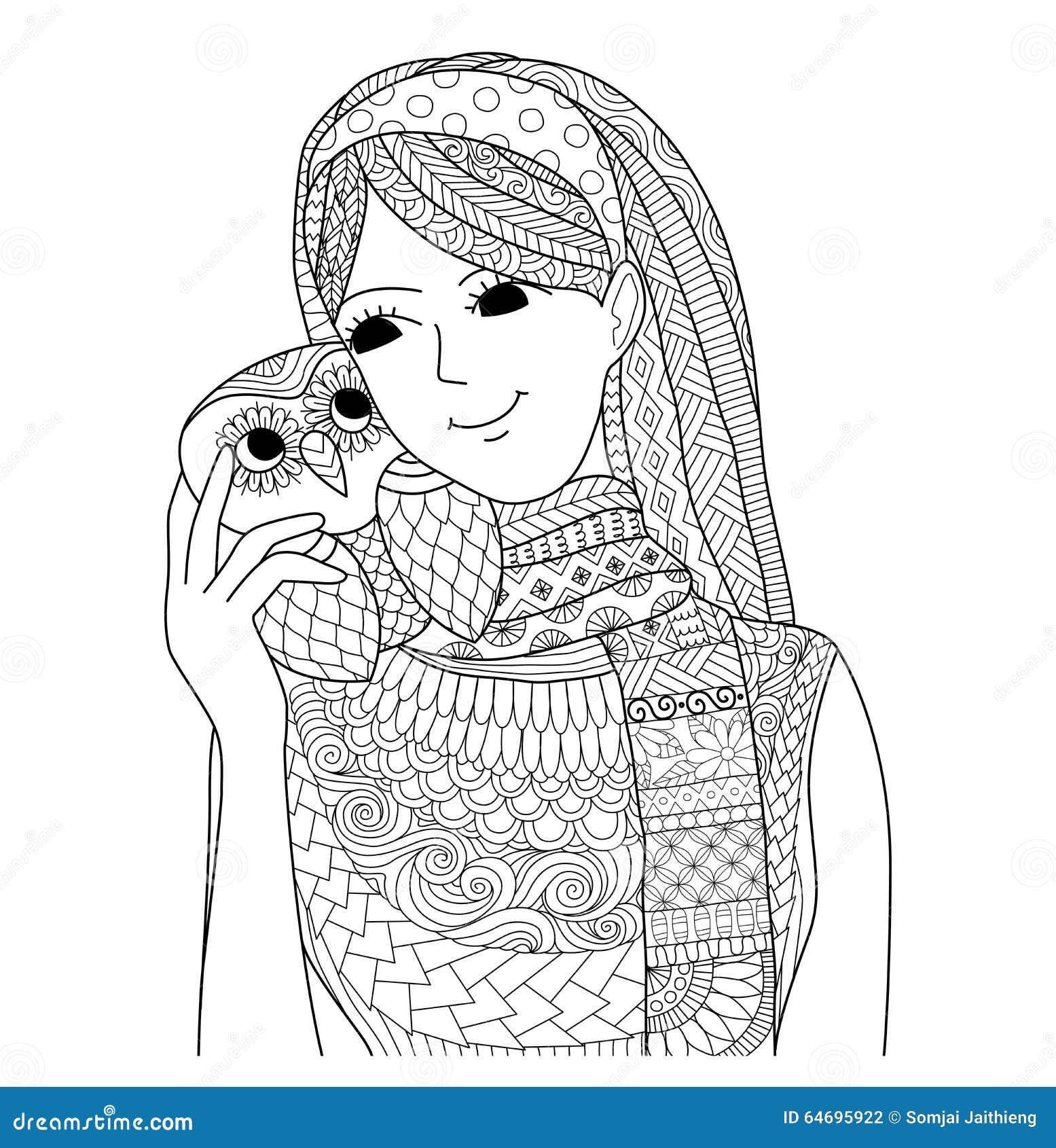 Jolie fille tenant une conception de zentangle de hibou pour livre de coloriage pour l adulte