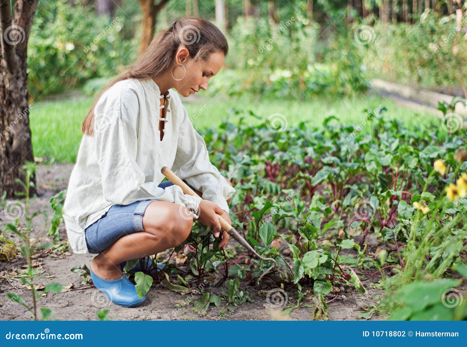 Jonge Vrouw Met Schoffel Die in De Tuin Werkt Stock Foto - Image of ...