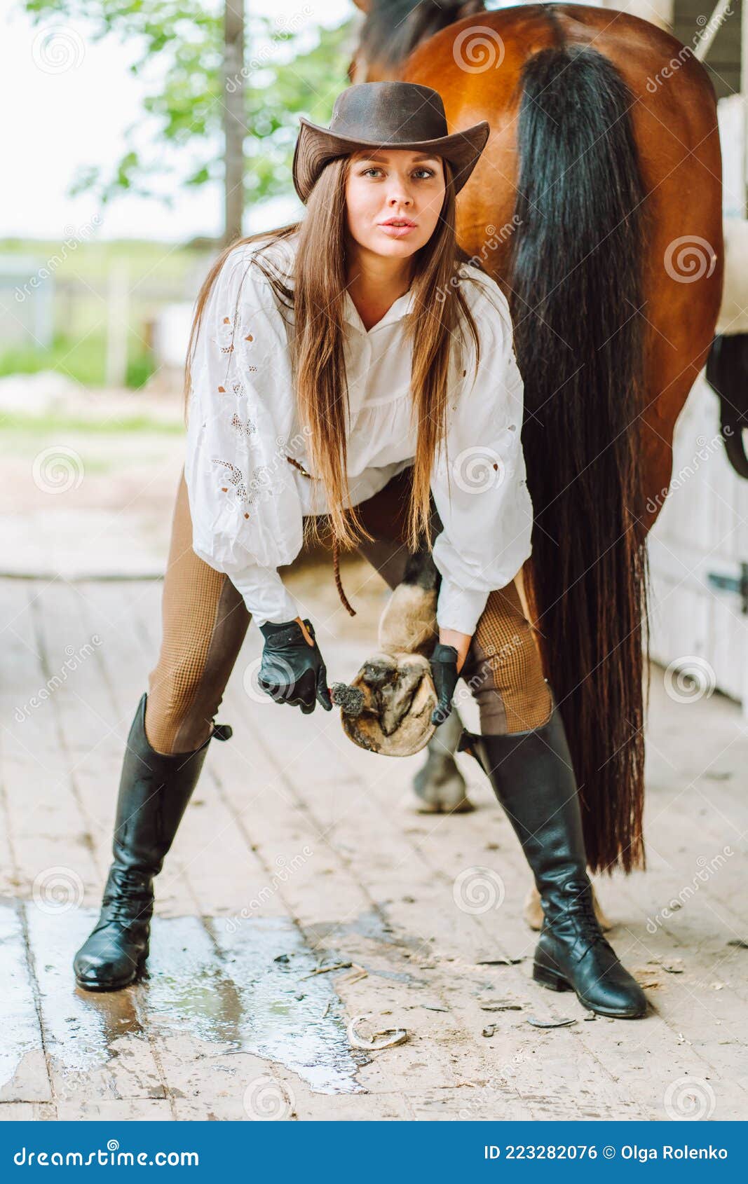 Zich voorstellen vork rechtbank Jonge Vrouw Verkleed in Rijkleding , Die De Hoeven Van Haar Bruin Paard  Schoonmaakt in Een Stal Stock Foto - Image of reiniging, schaaf: 223282076