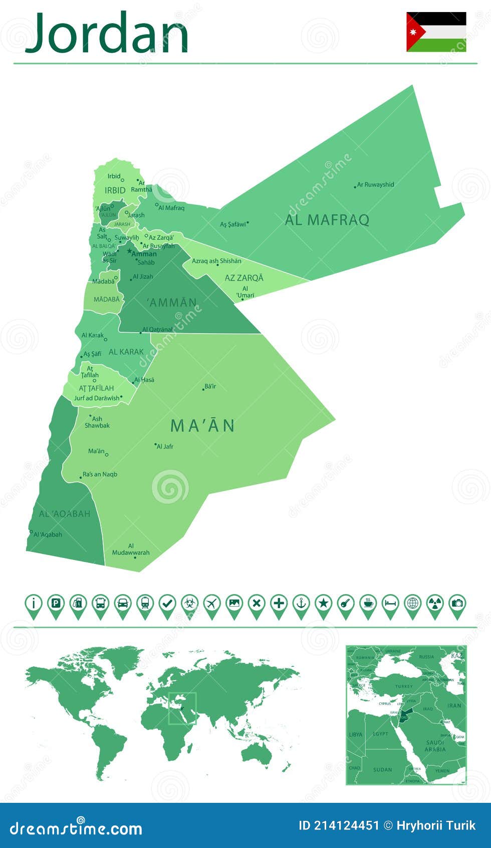 Jordan Map and Flag. Jordan on World Stock Vector - Illustration of continent: 214124451