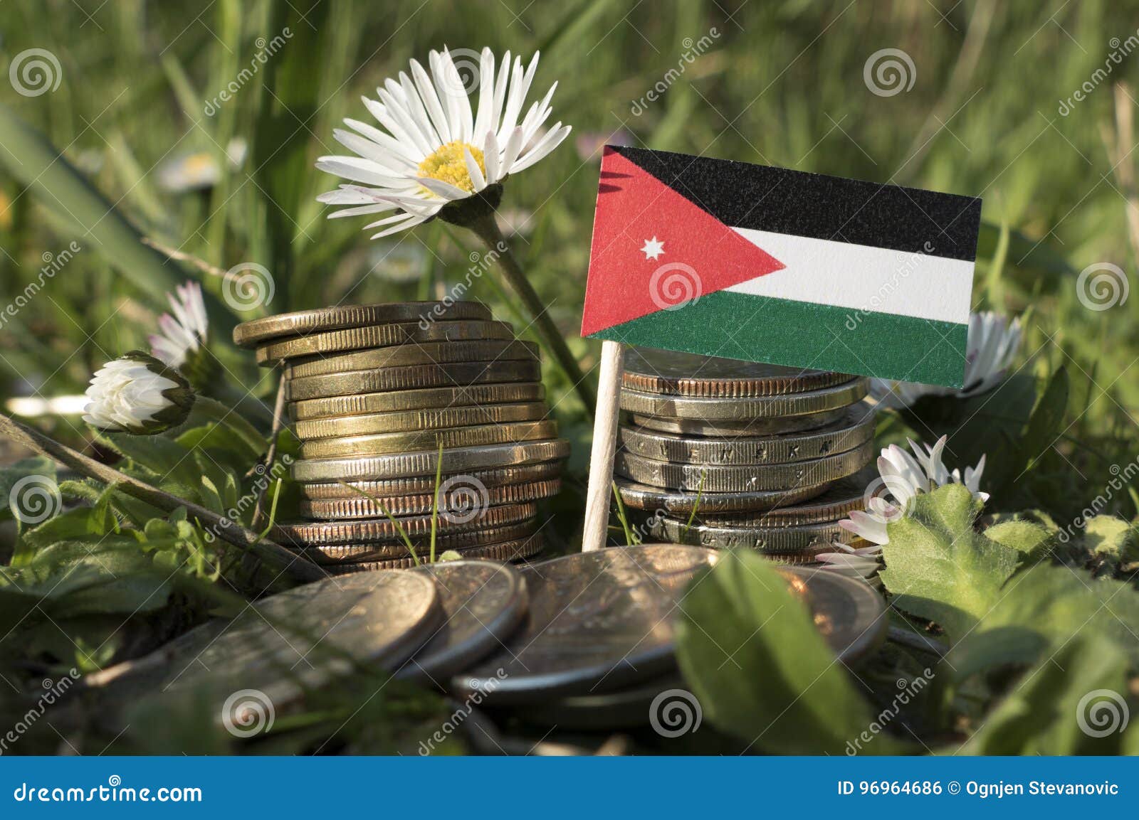 Jordanian Flag with Stack of Money Coins with Grass Stock Photo Image