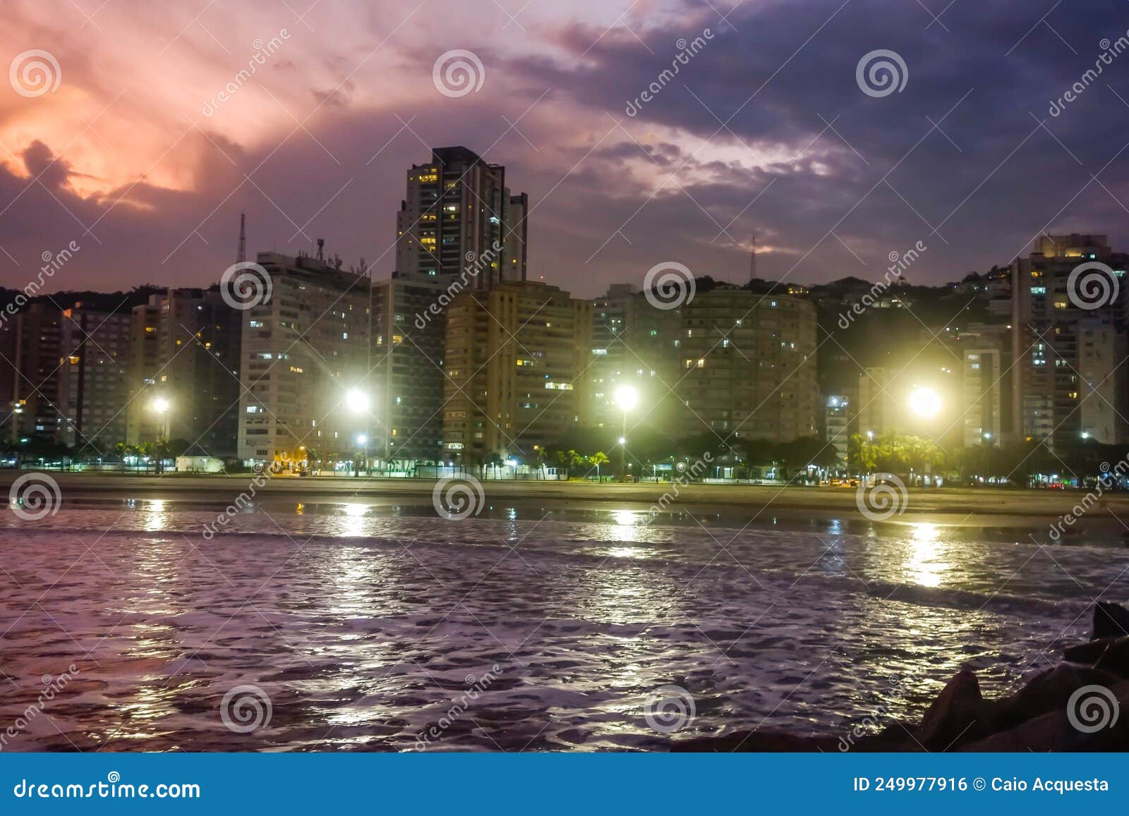 jose menino beach in santos city, sao paulo, brazil, at dusk. beachfront buidings