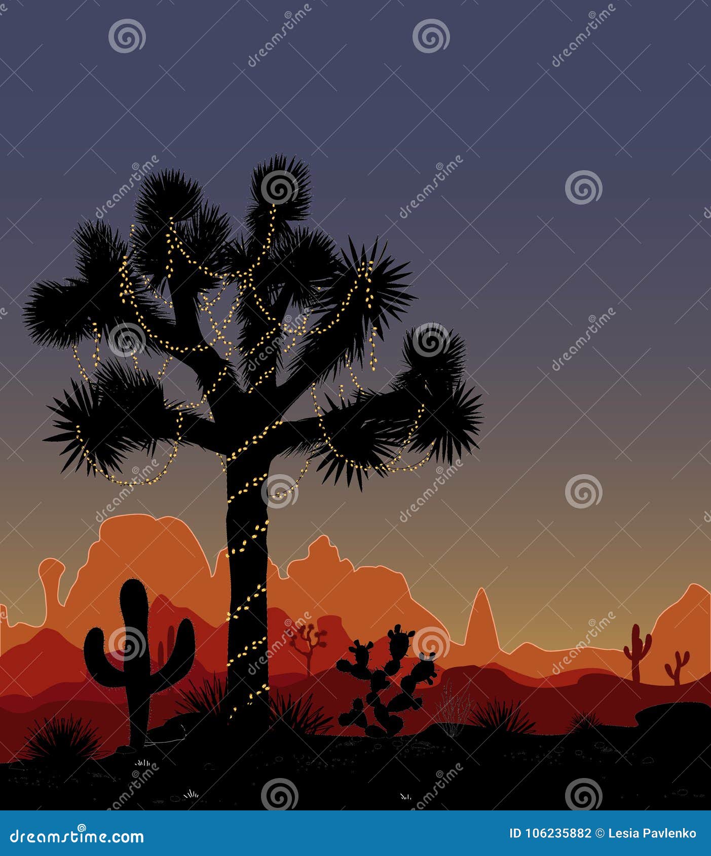 joshua tree decorated with a string of lights. mountaind, decorated cactil, christmas lights and night sky. mexico new