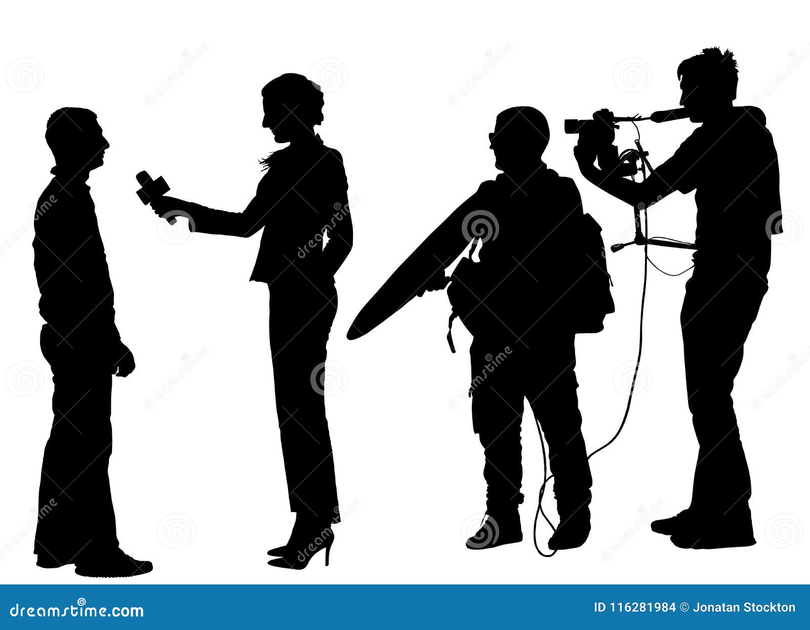 journalist news reporter interview with camera crew silhouette.