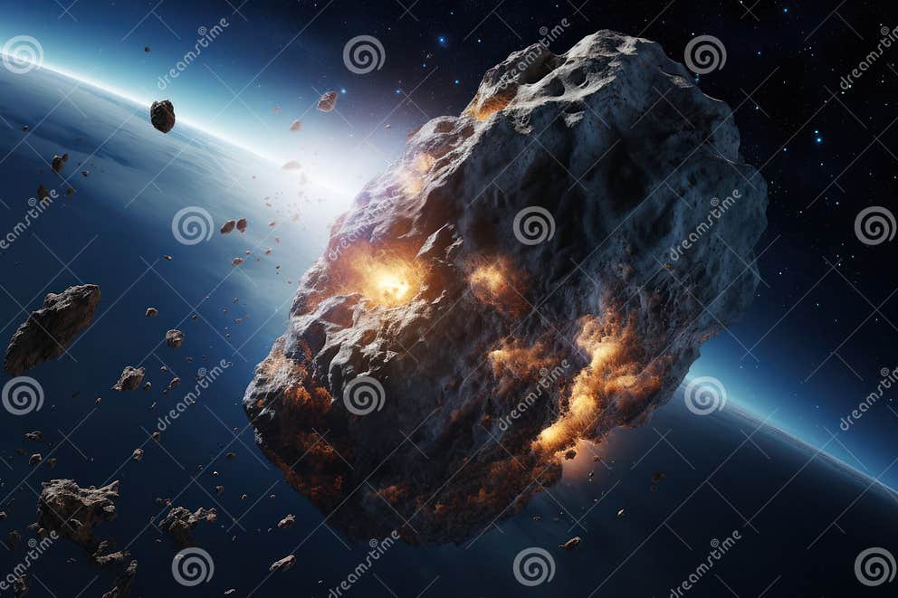 Journey through the Cosmic Frontier: Asteroids Soar in Dark, Open Space, Planet Stock Photo 