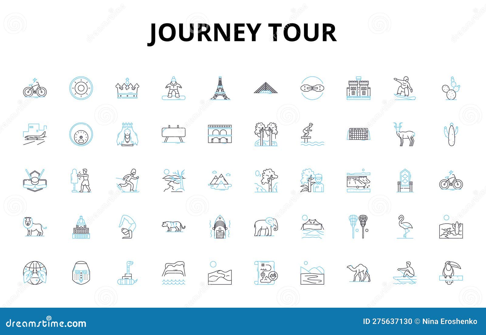 journey tour linear icons set. trek, adventure, expedition, excursion, odyssey, safari, jaunt  s and line