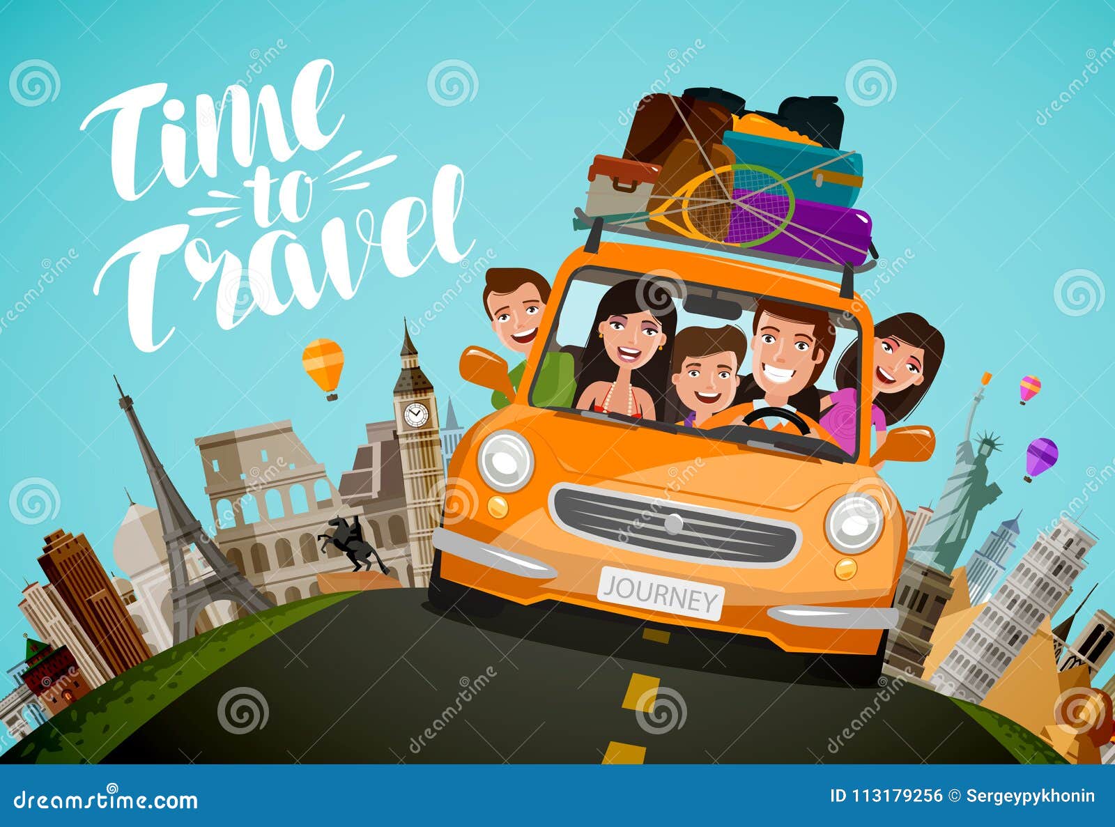journey, travel concept. happy family rides in car on vacation. cartoon  