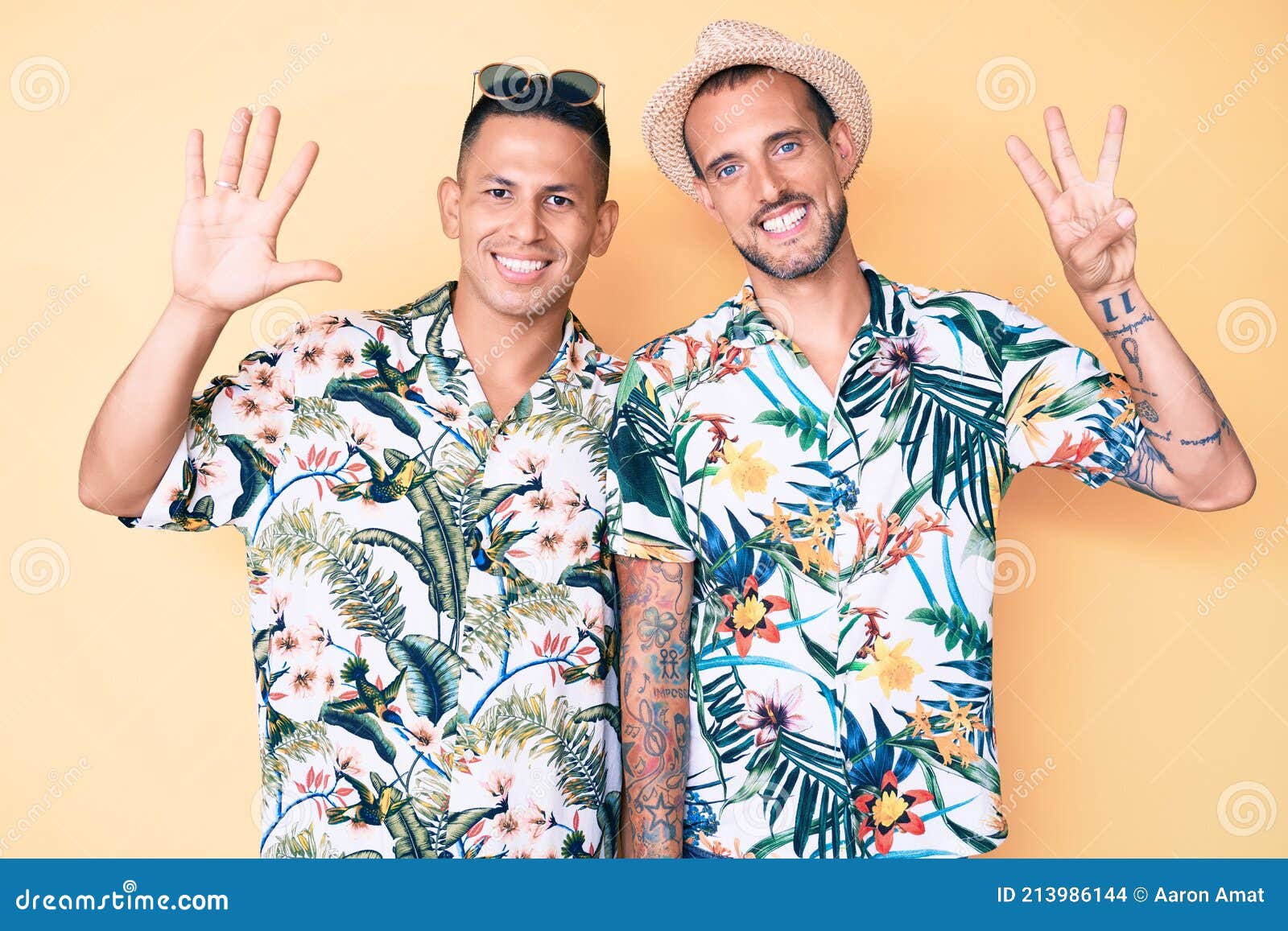 Joven Pareja Gay De Dos Hombres Con Sombrero De Verano Y Camisa Hawaiana  Mostrando Y Señalando Con Los Dedos Número Ocho Mientras Foto de archivo -  Imagen de alegre, mano: 213986144