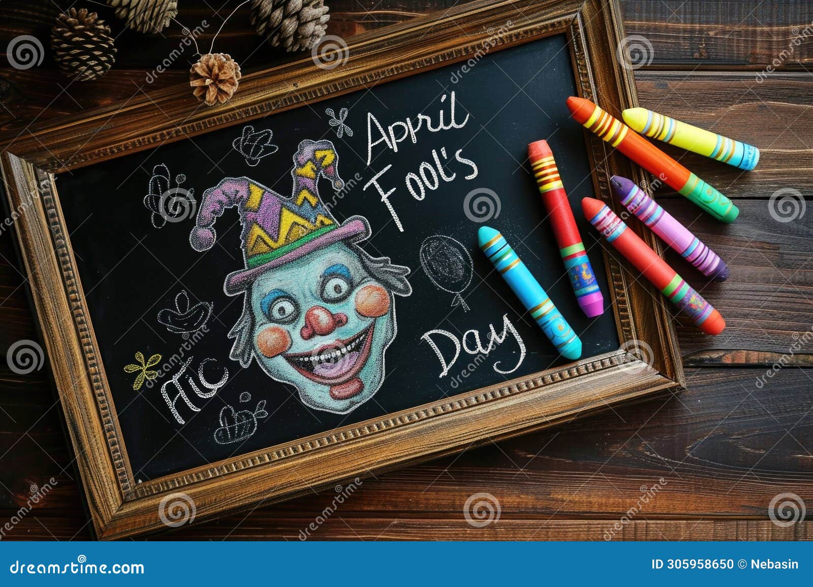 a jovial clown  on a chalkboard celebrates april fool's day with whimsy.