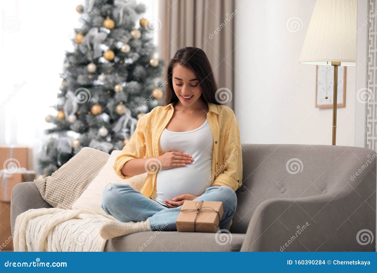 Joyeuse Femme Enceinte Avec Boîte De Cadeau De Noël Le Bébé