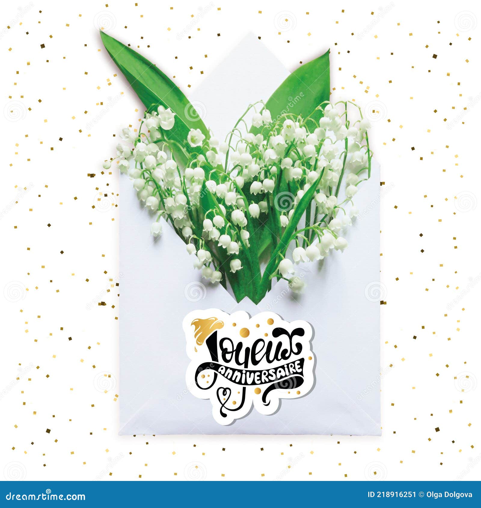 Joyeux Anniversaire Joyeux Anniversaire En Francais Carte De Voeux Amenagement Creatif Realise Avec Bouquet De Lys De La Vallee E Image Stock Image Du Vert Salutation