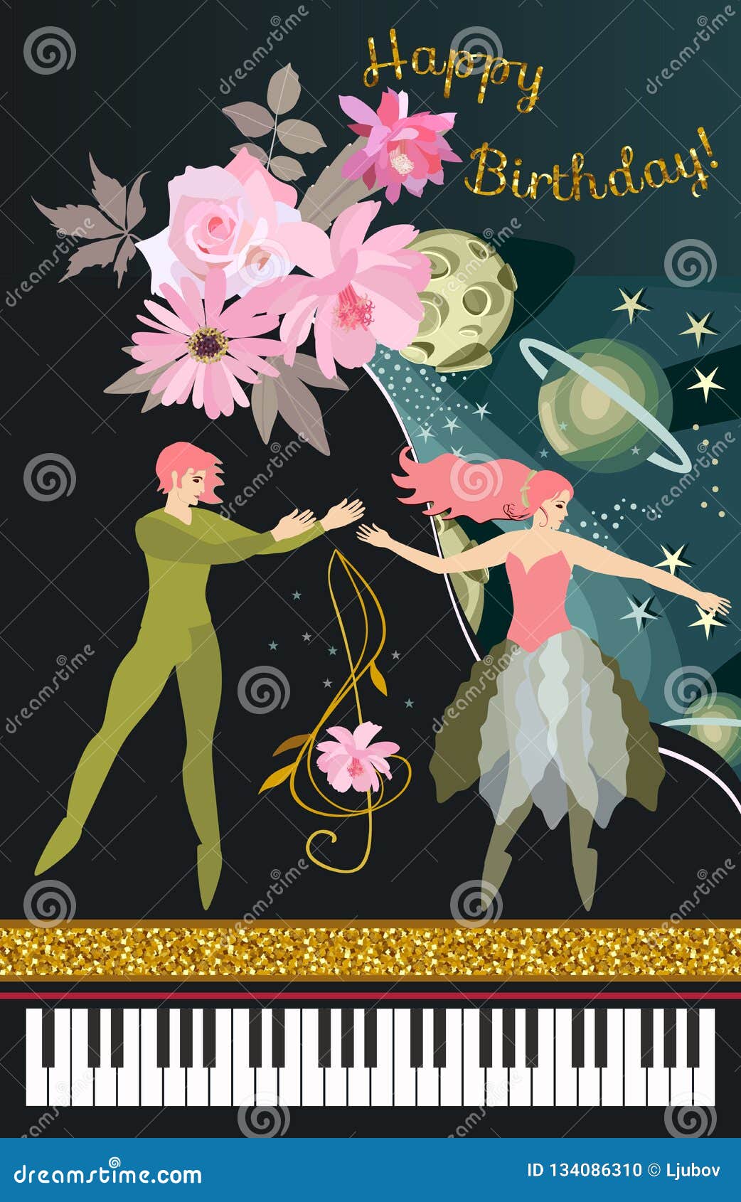 Joyeux Anniversaire Musical De Carte De Voeux Piano A Queue Noir De Concert Danseurs Classiques Clef Triple Dans La Forme De La Illustration De Vecteur Illustration Du Forme Anniversaire