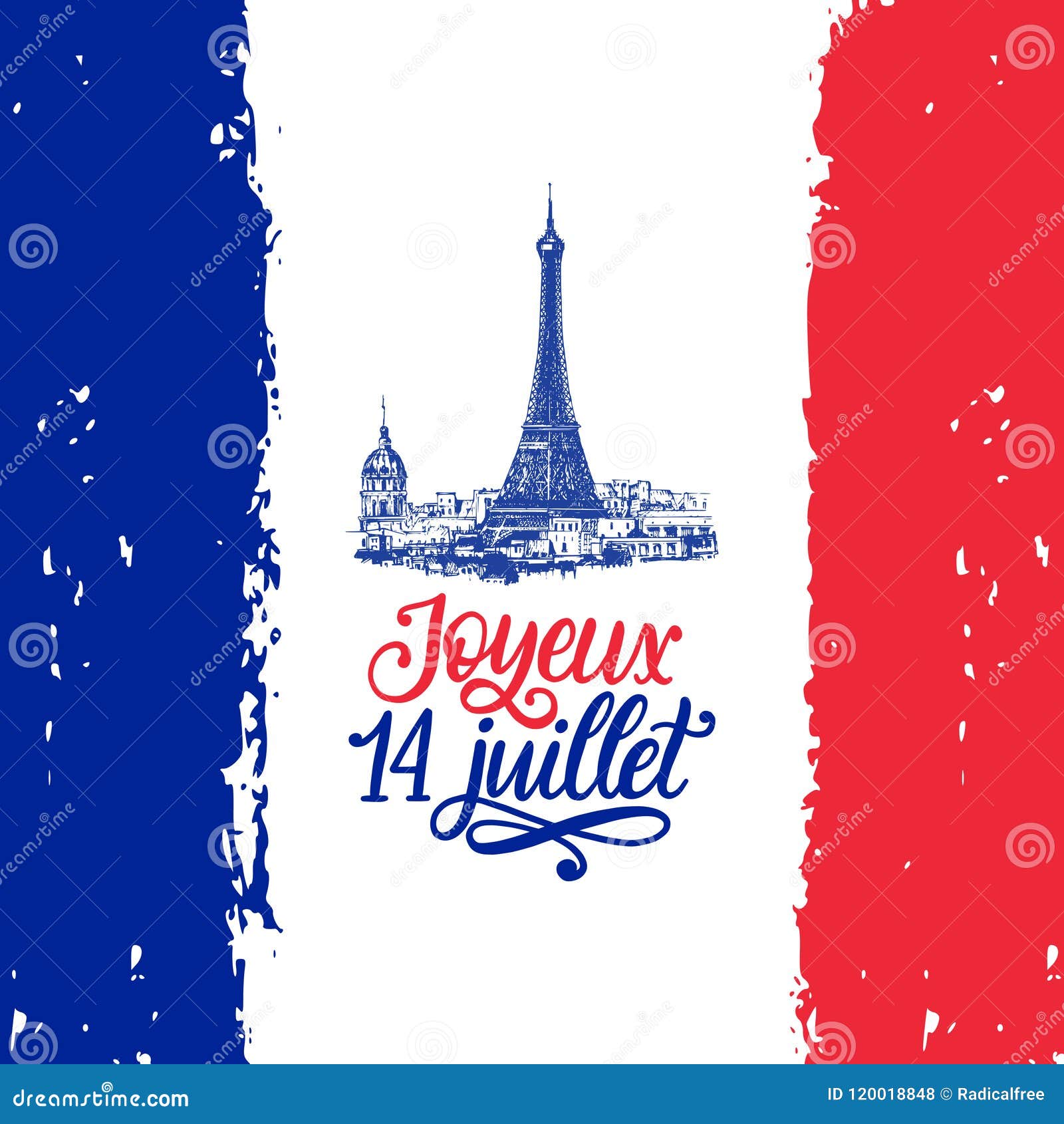 Joyeux 14 Juillet, Hand Lettering. Phrase Translated From French Happy