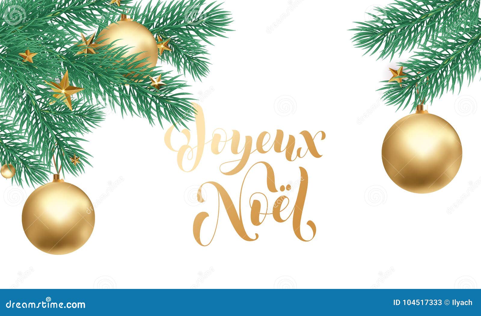 joyeux noel french merry christmas trendy golden calligraphy and fir branch wreath on white snow background for winter holiday des