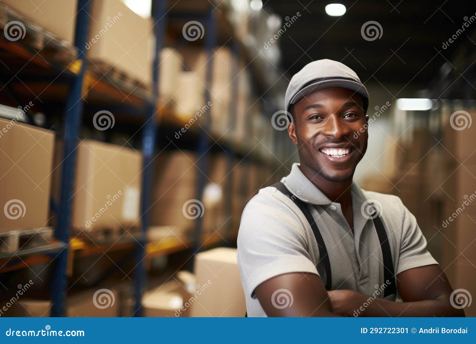 Joyful Black Employee Handling Boxes in Warehouse. Stock Illustration ...