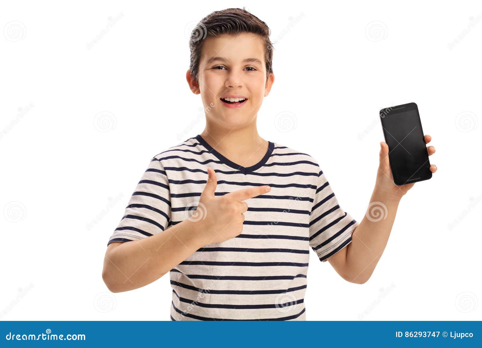 Joyful Boy Holding a Phone and Pointing Stock Image Image of