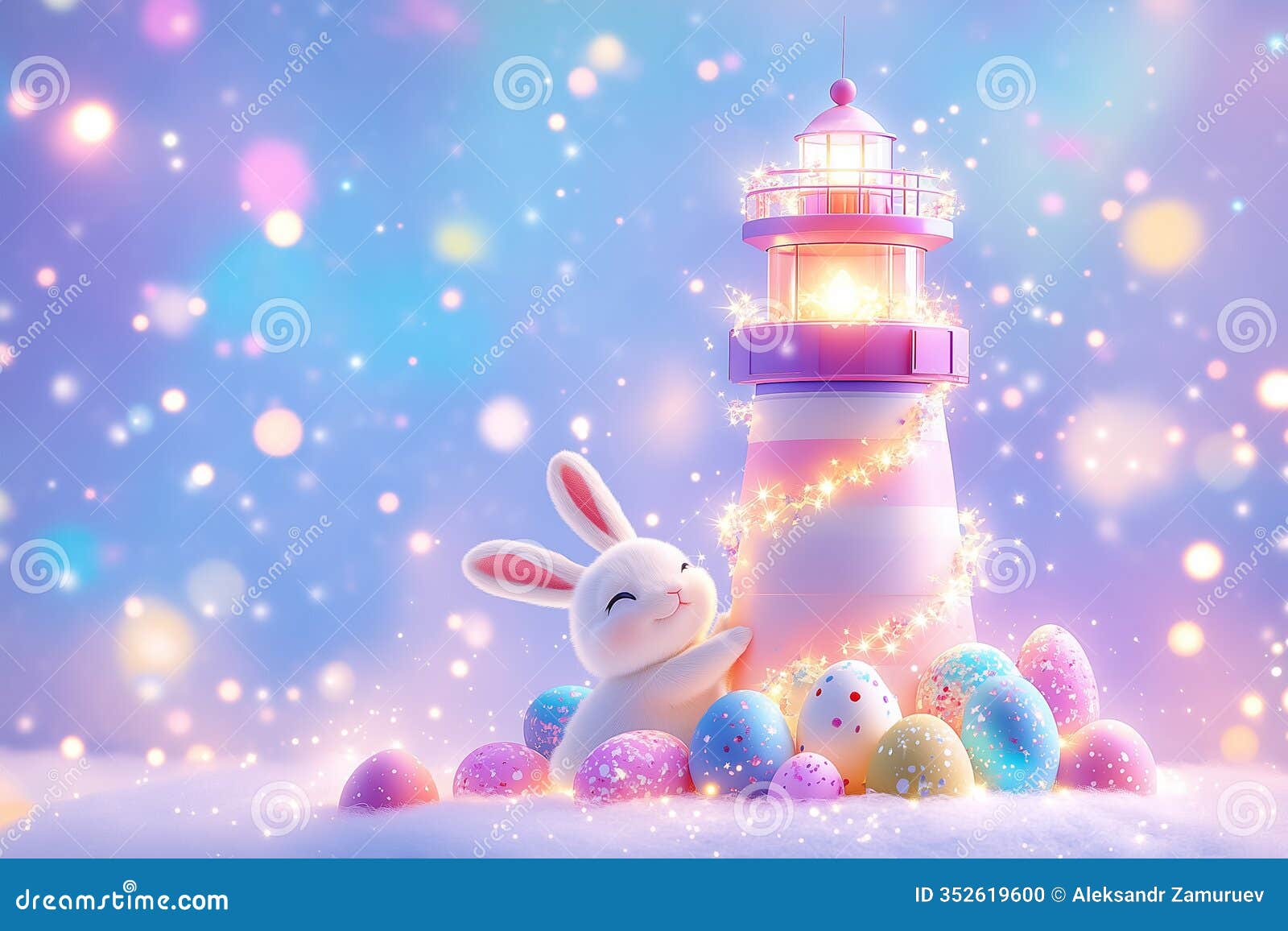 a joyful bunny cuddles near a dazzling lighthouse, surrounded by vibrant pastel eggs in a serene, enchanting setting