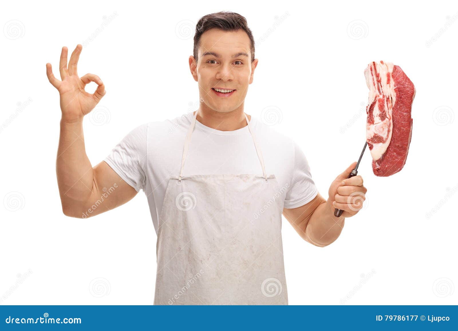 Joyful Butcher Making Ok Sign And Holding Fork With Beef Steak Stock Image Image of joyful