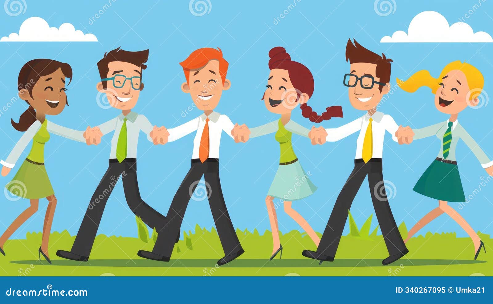 Joyful Cartoon Characters Holding Hands in a Sunny Park Setting Stock Illustration ...