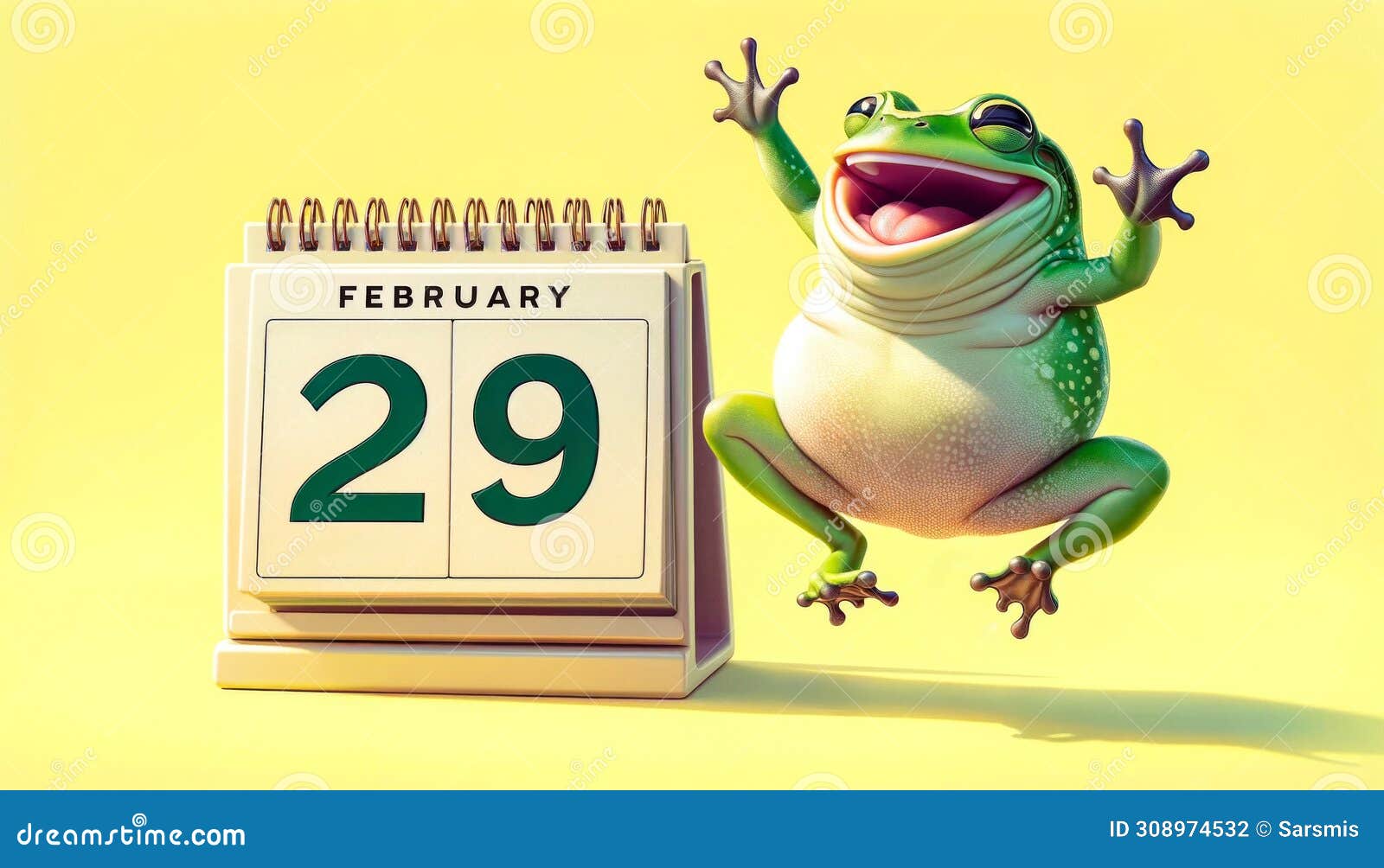 joyful frog celebrating leap day on a sunny calendar backdrop