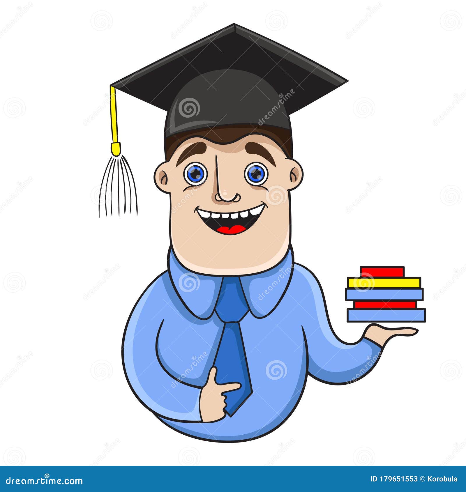 Joyful Graduate Student Holding A Stack Of Books And Pointing Vector