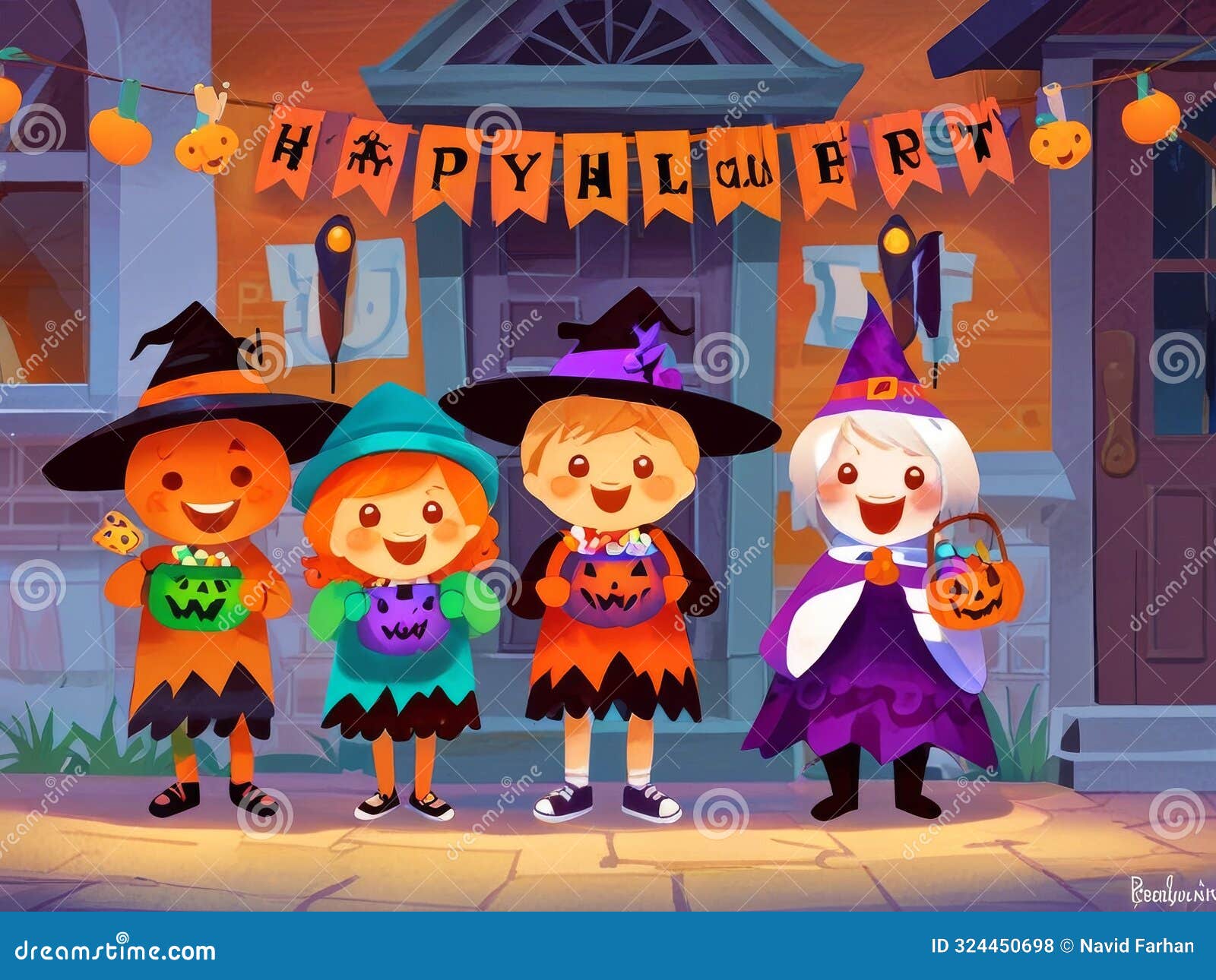 joyful halloween-themed image featuring a group children