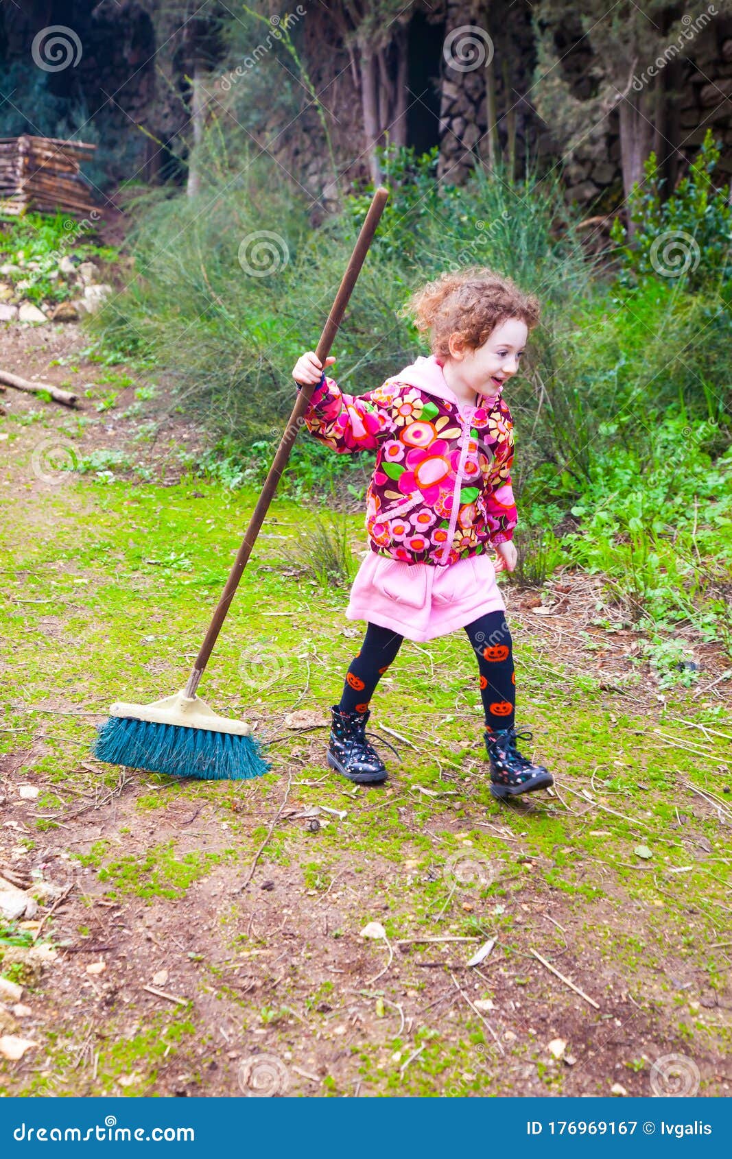 Joyful Little Girl with a Broom Stock Image Image of joyful, help