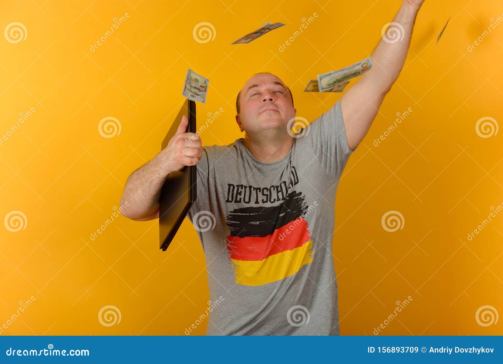 Joyful Man with a Laptop Throws Up Money Stock Image Image of dollar