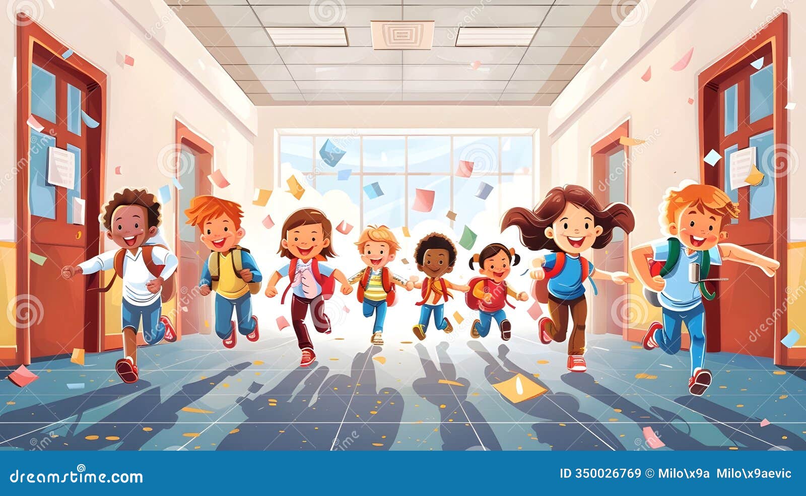 a joyful moment as cheerful children run down the brightly lit school corridors