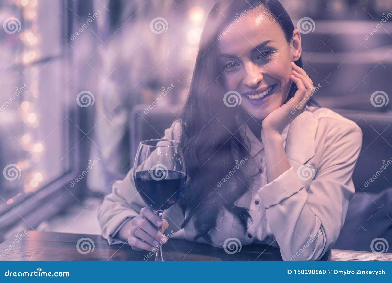 Joyful Nice Woman Drinking Red Wine Alone Stock Photo - Image of mood ...